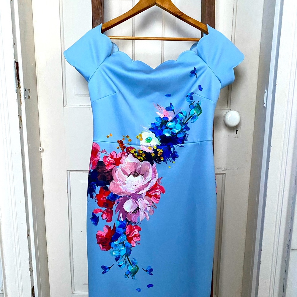 Ted Baker NWT Floral Blue Size 4 Off Shoulder Dress